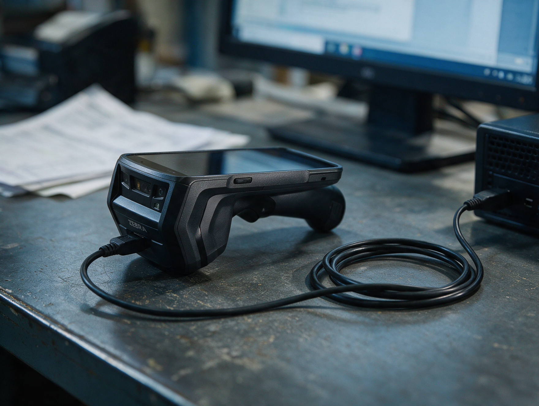 Câble USB-A vers USB-C branché sur un terminal Zebra TC22R au poste de contrôle